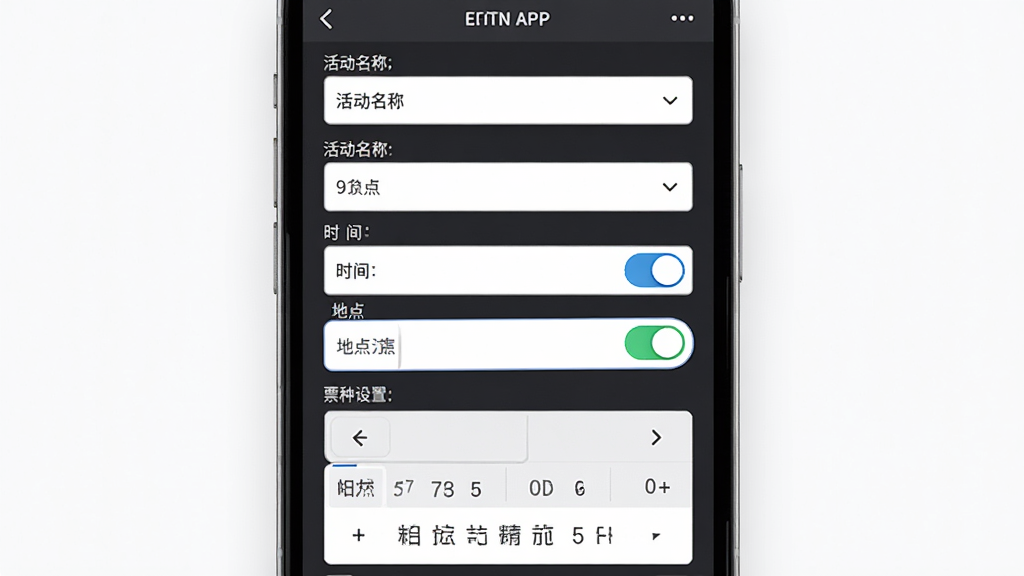 活动行App活动创建界面,主体为手机屏幕中的表单填写页面,布局为纵向滚动,包含活动名称、时间、地点、票种设置等输入框,排版清晰,风格为简约商务风,细节有下拉菜单、开关按钮、日期选择器,画质高清,干净,无多余元素