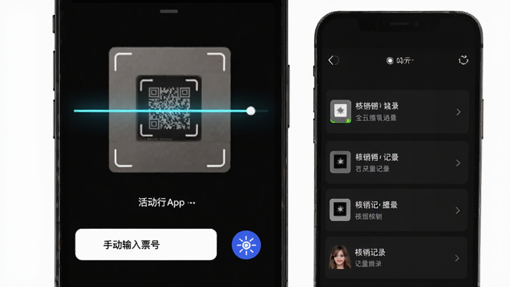 活动行App签到核销界面,主体为手机屏幕中的扫码页面,布局为上方摄像头取景框,下方为手动输入票号按钮与核销记录列表,排版简洁,风格为深色科技风,细节包含扫描线动画、闪光灯开关、提示文字,画质高清,干净,无多余元素