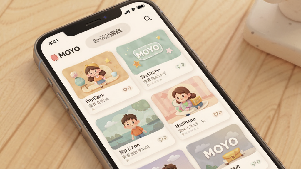 一张展示MOYO个性化推荐页面的手机界面图,屏幕内显示卡片式内容流,包含图文推荐卡片,色彩柔和,背景为浅色木纹桌面,风格温暖舒适,画质细腻。