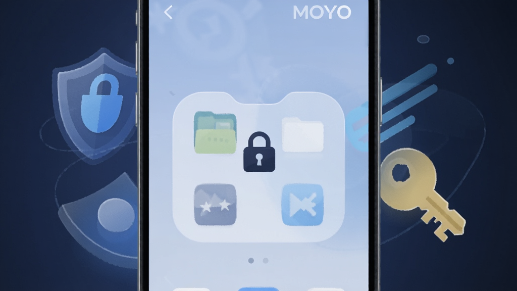 一张展示MOYO隐私保护模式的手机界面图,屏幕内显示一个带锁图标的加密文件夹,周围有盾牌和钥匙的抽象图形元素,背景为深蓝色渐变,风格安全稳重,画质清晰无杂点。
