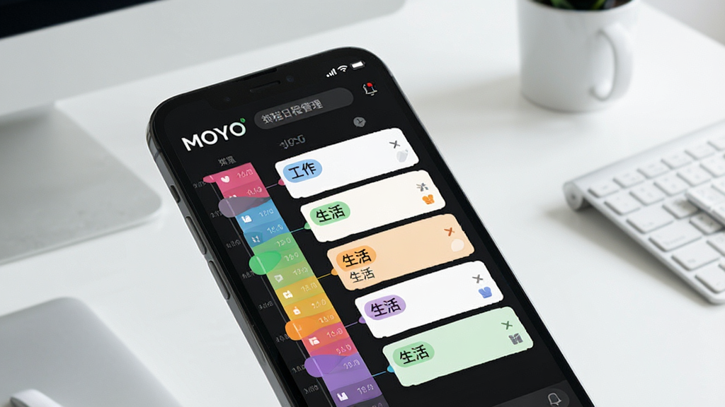 一张展示MOYO智能日程管理功能的界面截图,画面主体为手机屏幕,屏幕内显示彩色时间轴和任务卡片,卡片上有