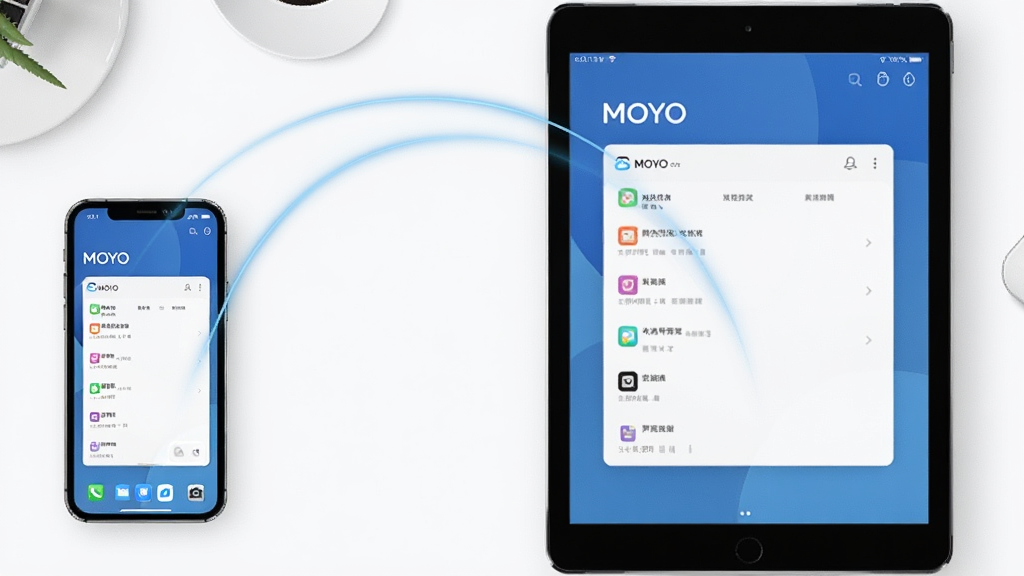 一张展示MOYO云同步功能的示意图,画面中有一部手机和一台平板电脑并排摆放,两者之间用浅蓝色弧线连接,屏幕内均显示MOYO应用界面,背景为干净的白色桌面,风格科技简约,画质高清。