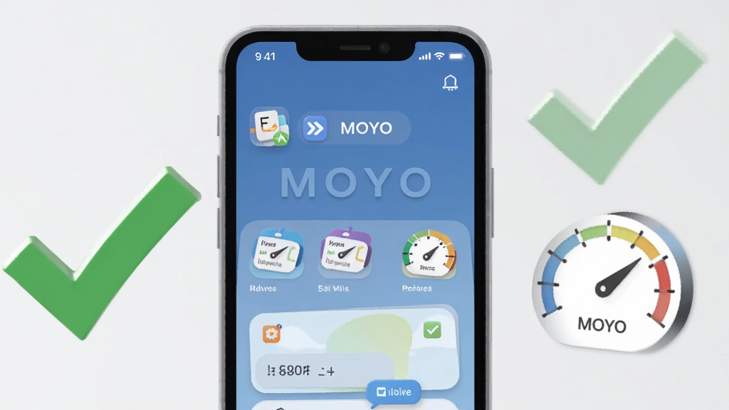 一张展示MOYO在手机上运行流畅的示意图,画面中手机屏幕显示应用界面,旁边有绿色对勾和速度表盘图标,背景为浅灰色,风格简洁明快,画质清晰,无多余装饰。