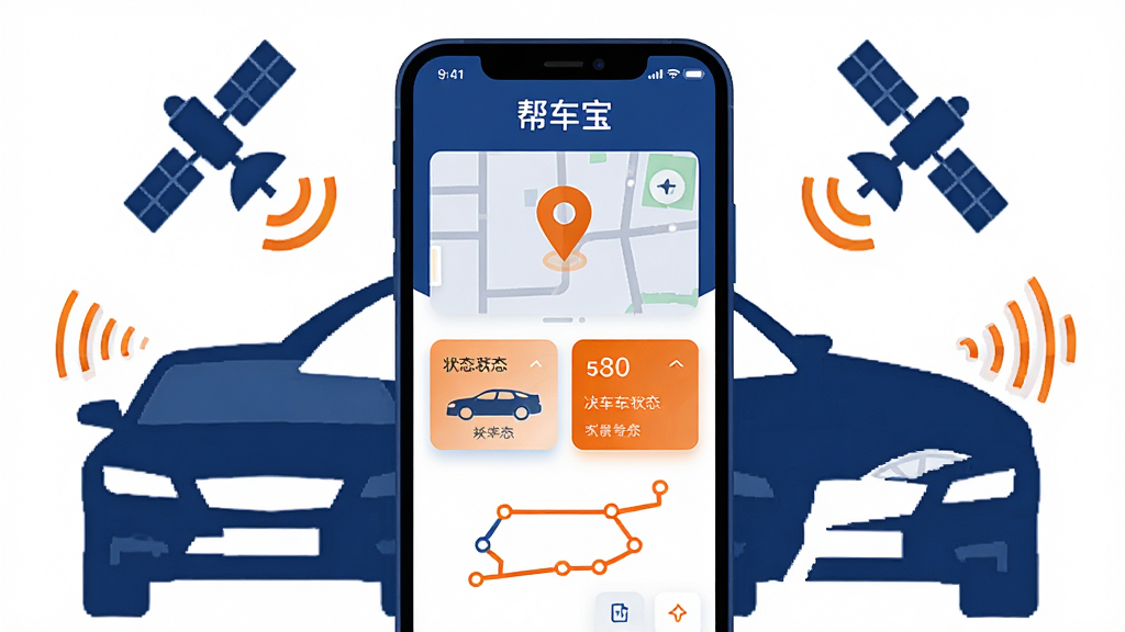 画面中央放置一部智能手机,手机屏幕上显示“帮车宝”应用主界面,界面内包含地图定位标记、车辆状态卡片与轨迹线条,手机周围环绕汽车轮廓、卫星信号图标与数据波纹元素,整体采用深蓝与亮橙配色,扁平化科技风格,布局简洁有序,高清画质,干净背景,无多余元素