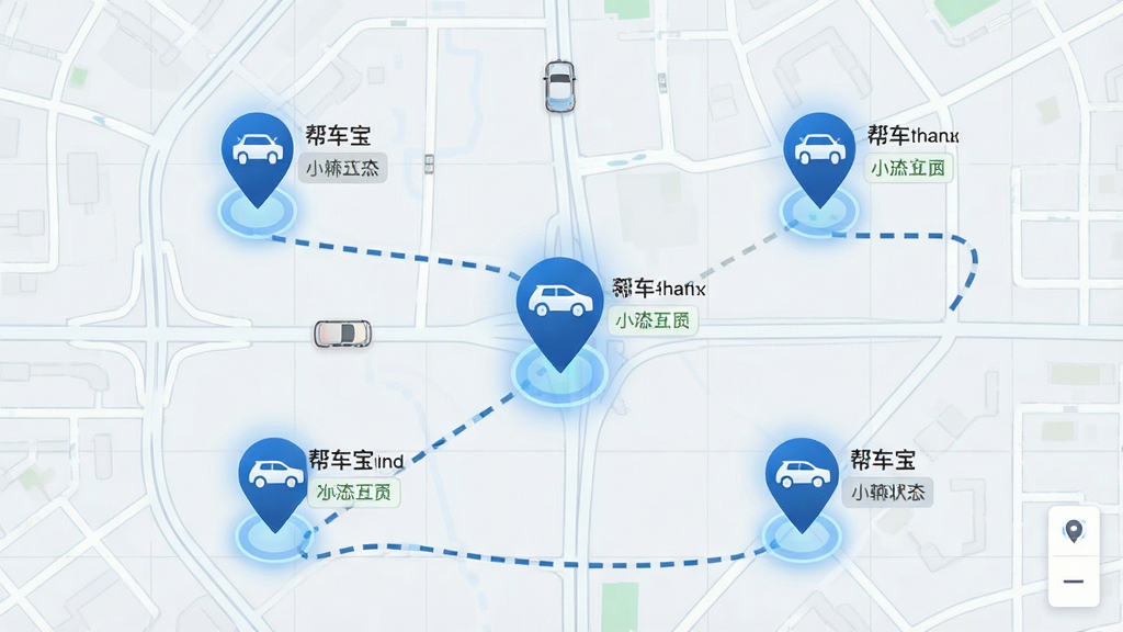 一张俯视视角的数字化地图界面,地图上分布多个“帮车宝”车辆定位标记,每个标记旁有车辆图标与状态文字,地图背景为浅色网格与道路线条,整体风格清爽现代,细节包含定位光晕与轨迹虚线,画质清晰,干净无杂乱元素