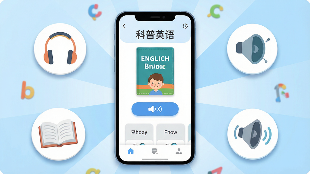 画面中央放置一部智能手机,手机屏幕显示“科普英语”APP主界面,界面中包含英语课本封面、跟读按钮和单词卡片;手机周围环绕英语字母、耳机、书本和扬声器图标;布局采用中心放射式构图,背景为浅蓝色渐变;风格为清爽扁平化教育类插画;细节包括柔和的阴影、圆角图标和简洁的导航栏;画质为高清2K,干净无多余元素