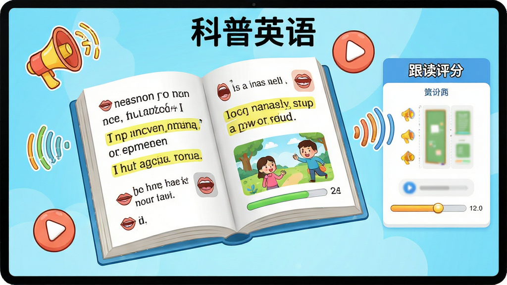 画面主体为一本打开的英语课本悬浮在屏幕中央,课本页面显示英语对话和插图;课本周围漂浮着喇叭图标、播放按钮和声波线条;布局采用左右对称式,左侧为课本,右侧为跟读评分界面;风格为明亮活泼的卡通教育风;细节包括课本上的高亮句子、发音口型图标和进度条;画质为高清2K,干净无多余元素,画面中文字为“科普英语”