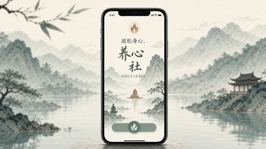 养心社 手机应用界面 展示 宁静的山水背景 古风禅意 简洁排版 柔和色调 放松身心 高清画质