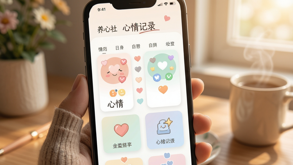 养心社 心情记录界面 展示 情绪日历 心情图标 简洁卡片式布局 柔和配色 温馨氛围 高清画质