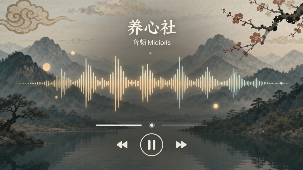 养心社 音频播放界面 展示 声波可视化 自然风景背景 古风元素 简洁播放控件 柔和光效 高清画质