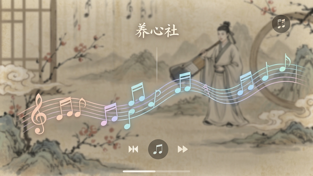 养心社 动态乐谱播放界面 展示 音符跳动 旋律线条 古风背景 简洁排版 柔和色彩 高清画质