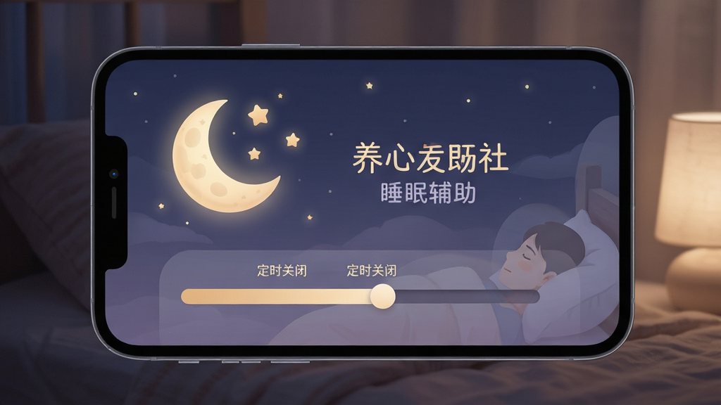 养心社 睡眠辅助界面 展示 月亮星星元素 定时关闭滑块 柔和暗色调 助眠氛围 高清画质