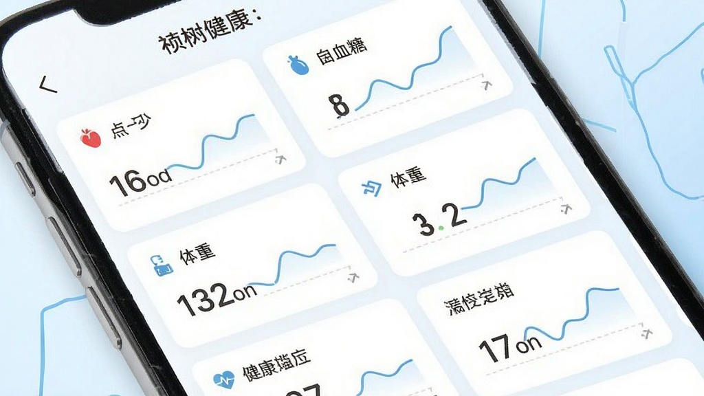 祯树健康应用内健康数据记录页面展示图,画面中手机屏幕显示多条健康指标卡片,包括血压、血糖、体重等数据条目,配有简洁的折线趋势图,背景为白色与浅蓝搭配,图标线条细腻,整体风格干净专业,画质清晰,无多余装饰元素