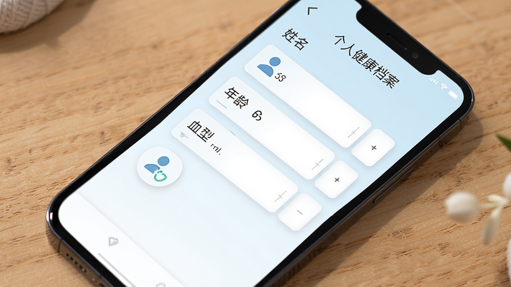 祯树健康个人健康档案页面展示图,手机屏幕显示档案信息填写界面,包含姓名、年龄、血型等字段,页面设计简洁,背景为柔和的浅蓝色,图标风格统一,画质高清,无多余装饰
