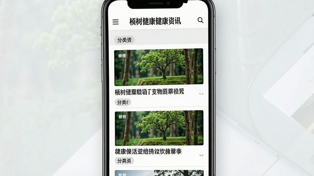 祯树健康健康资讯页面展示图,手机屏幕显示资讯列表,包含文章封面图与标题文字,分类标签清晰可见,背景为浅灰色与白色搭配,整体排版类似杂志风格,画质清晰干净,无多余元素