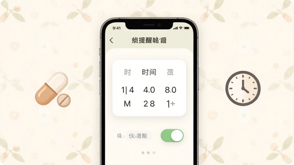 祯树健康用药提醒功能界面展示图,手机屏幕显示提醒设置页面,包含时间选择器与开关按钮,旁边有药丸图标与时钟图标,背景为淡雅的米白色,排版整齐,风格温和友好,画质高清,画面干净无杂乱元素