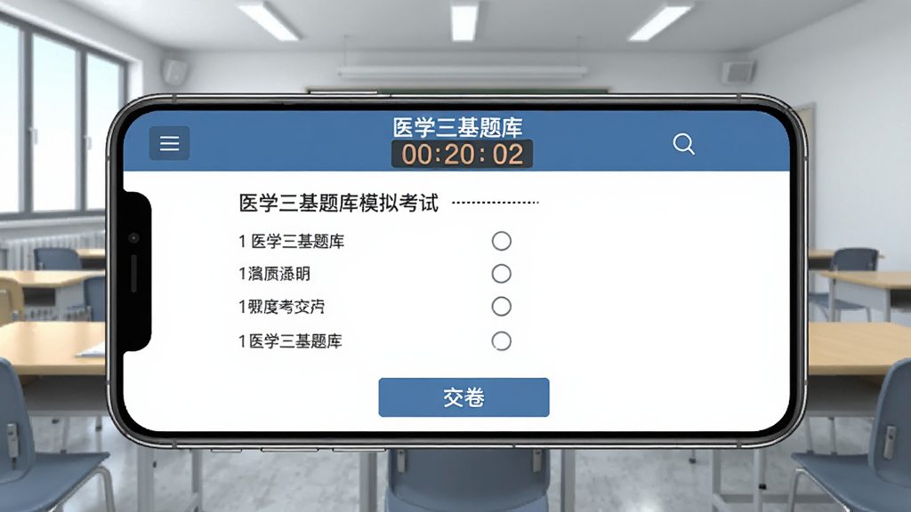一张AI生成图片,画面展示一部智能手机横屏显示“医学三基题库”模拟考试界面,顶部有倒计时器,中间为单选题题干与选项,底部有交卷按钮,背景为虚拟考场环境,桌椅整齐,光线明亮,整体风格专业严谨,画质高清,无多余元素