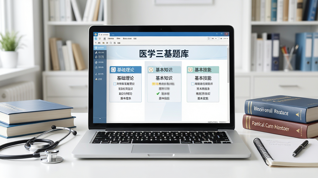 一张AI生成图片,画面中央是一台打开的笔记本电脑,屏幕显示“医学三基题库”软件界面,界面中排列着基础理论、基本知识、基本技能三大题库分类,旁边散落着听诊器、医学书籍、笔记本等学习用品,背景为明亮的书房环境,整体布局居中对称,风格写实清晰,画质高清,干净无多余元素
