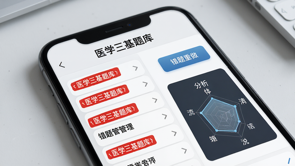 一张AI生成图片,画面为手机屏幕特写,屏幕显示“医学三基题库”错题管理页面,红色标注的错题列表整齐排列,右侧有错题重做按钮和雷达图分析模块,背景为浅灰色桌面,整体风格简洁现代,画质清晰,无多余元素