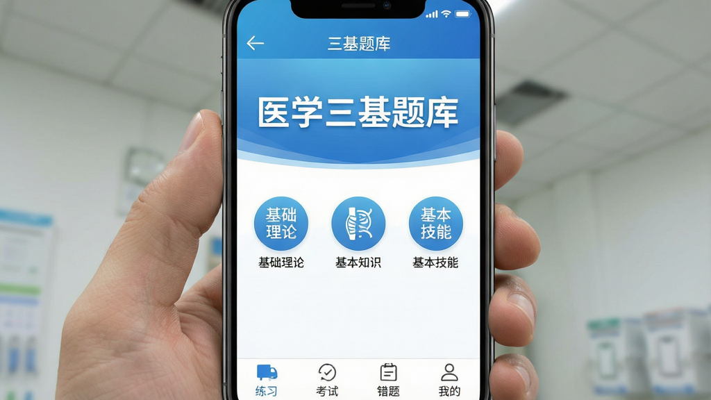 一张手机屏幕展示医学三基题库APP首页界面,顶部为蓝色渐变导航栏,中间是“医学三基题库”白色大字标题,下方排列基础理论、基本知识、基本技能三个圆形功能入口,底部为练习、考试、错题、我的四个标签栏,背景为干净白色与浅蓝搭配,整体风格简洁专业医疗风,画质清晰,无多余元素