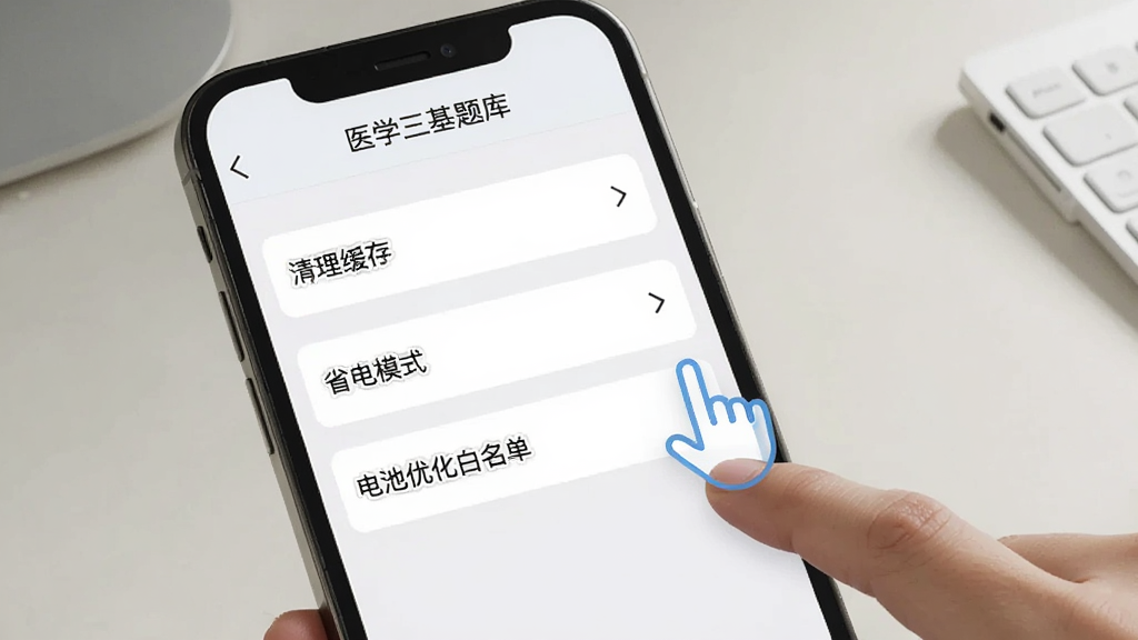 一张AI生成图片,画面为手机屏幕显示“医学三基题库”设置页面,页面中有清理缓存、省电模式、电池优化白名单等选项,旁边有手指点击操作的示意,背景为浅色桌面,整体风格简洁明了,画质清晰,无多余元素