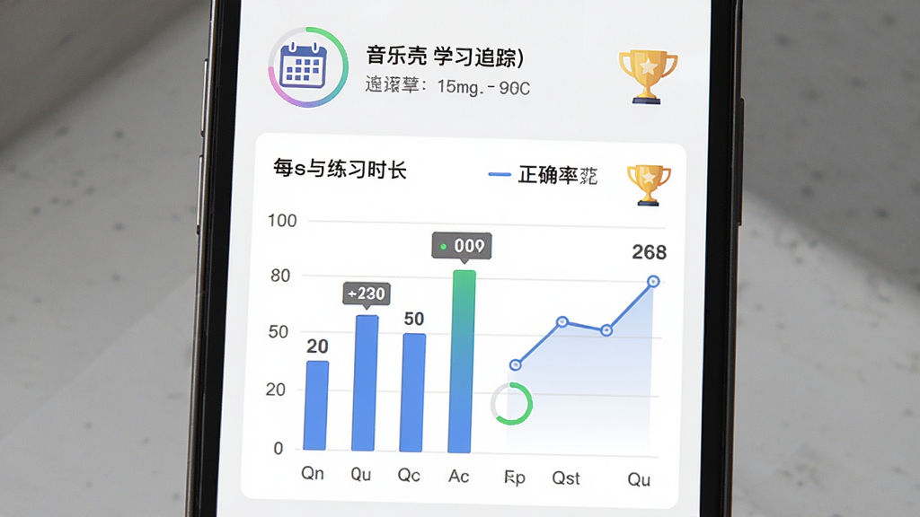 音乐壳学习进度追踪页面,手机屏幕显示柱状图与折线图,图表展示每日练习时长与正确率变化,屏幕上方有日历图标与统计摘要,背景为白色,风格简约商务,细节包含数字标签、进度环、奖杯图标,画质清晰,排版整齐干净