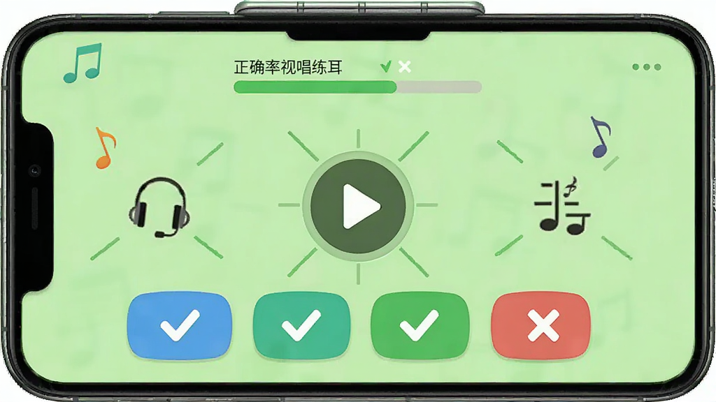 音乐壳视唱练耳训练界面,手机屏幕展示音程听辨题目,中央有播放按钮与四个选项按钮,屏幕顶部显示正确率进度,背景为浅绿色,风格明快,细节包含音符图标、耳机符号、对勾与叉号标记,画质清晰,布局干净整洁
