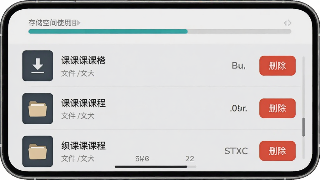 音乐壳离线缓存管理界面,手机屏幕列出已下载课程条目,每条包含课程名称、文件大小与删除按钮,屏幕顶部有存储空间使用条,背景为浅灰色,风格素雅极简,细节包含下载箭头图标、文件夹符号、进度条,画质高清,界面干净无杂乱