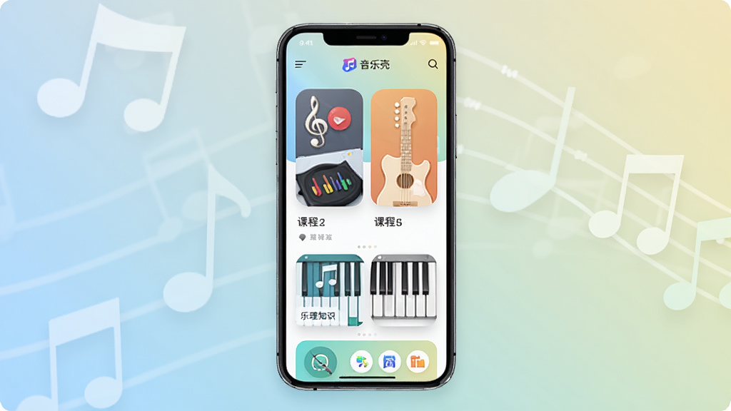 音乐壳软件主界面全貌展示,手机屏幕中央呈现音乐壳应用首页,包含课程卡片、乐器图标、乐理知识入口,背景为浅色渐变,画面干净整洁,主体突出,布局清晰,风格为现代扁平化设计,细节包含音符、节拍器、钢琴键盘等元素,画质高清,无多余杂物
