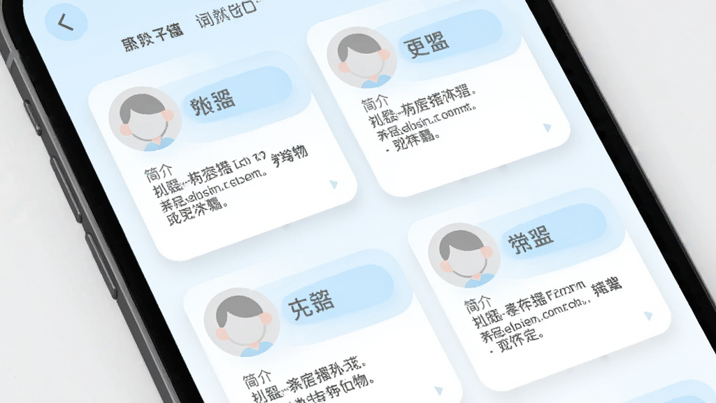 Story Pad 角色设定卡片界面,主体为手机屏幕显示多张角色卡片,布局为网格排列,每张卡片包含角色头像占位、姓名栏与简介文字,排版整齐有序,风格为清新浅色系 UI,细节包括淡蓝色与白色搭配、圆角卡片和柔和阴影,画质高清,干净,无多余元素。