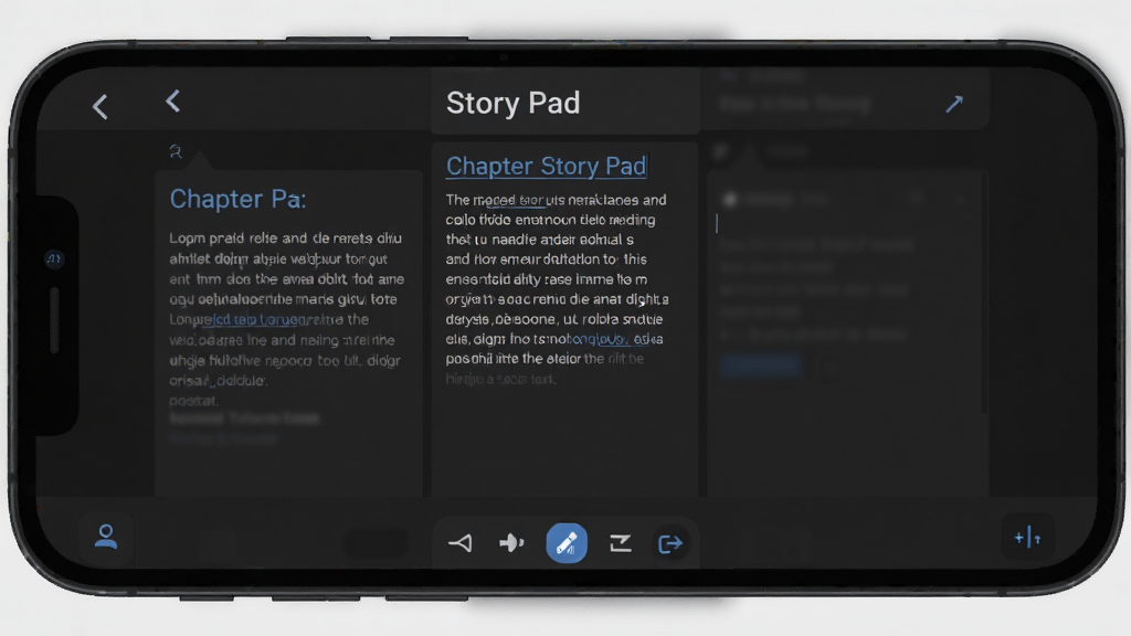 Story Pad 深色模式编辑界面,主体为手机屏幕显示深色背景下的文字编辑页面,布局上方为章节标题,中间为正文输入区,下方为工具栏,排版简洁,风格为暗色系扁平化设计,细节包括深灰背景、白色文字和低饱和度蓝色强调色,画质高清,干净,无多余元素。