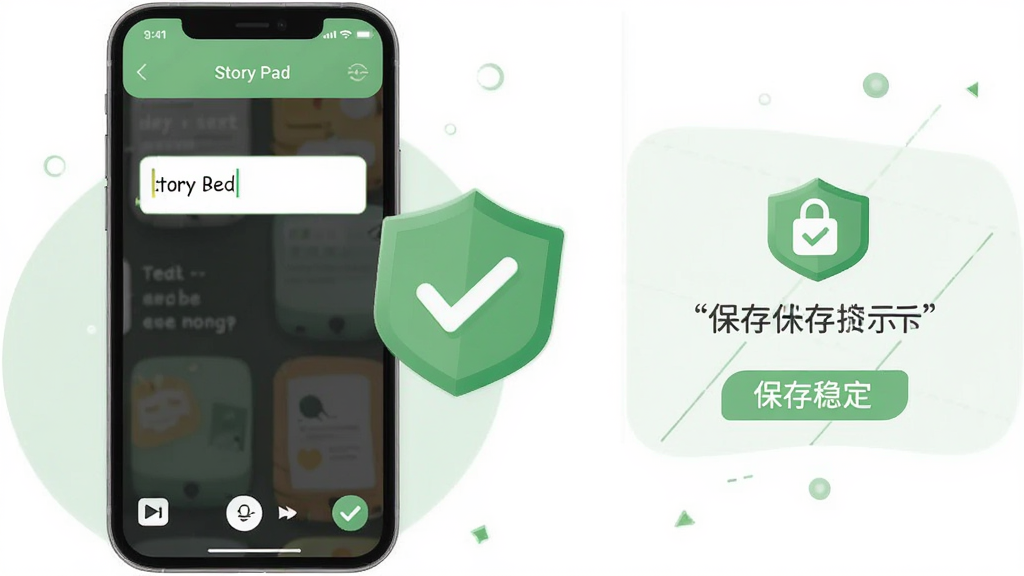 Story Pad 自动保存功能示意图,主体为手机屏幕显示文字输入框,旁边漂浮一个绿色盾牌与对勾图标,布局为左右分栏,左侧是编辑界面,右侧是保存状态提示,排版突出安全与稳定,风格为扁平化插画,细节包括柔和的绿色调、圆角矩形和简洁线条,画质高清,干净,无多余元素。