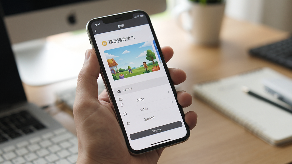 Story Pad 移动端操作示意图,主体为一只手握着手机,手机屏幕显示故事编辑界面与设置菜单,布局为手持特写,背景为模糊的桌面环境,排版突出移动创作场景,风格为写实摄影风格,细节包括自然光线、清晰的屏幕内容和舒适的握持姿势,画质高清,干净,无多余元素。