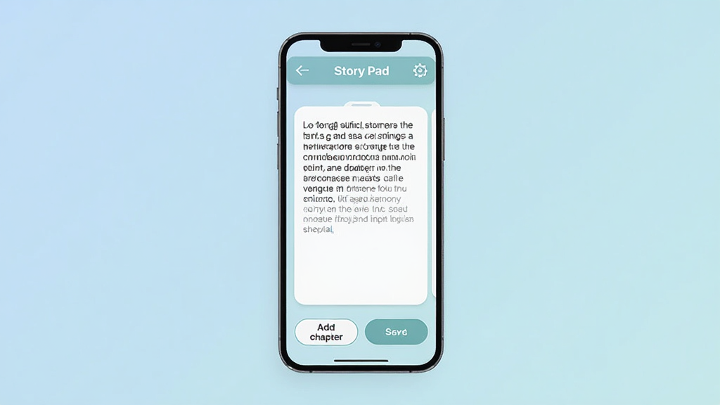 Story Pad 手机应用主界面,主体是一部竖直放置的智能手机,屏幕显示故事编辑页面,布局上方为故事标题栏,中间是段落文字输入区,下方有添加章节与保存按钮,排版简洁清晰,风格为现代扁平化 UI 设计,细节包括柔和的浅色背景、圆角卡片和简约图标,画质高清,干净,无多余元素。