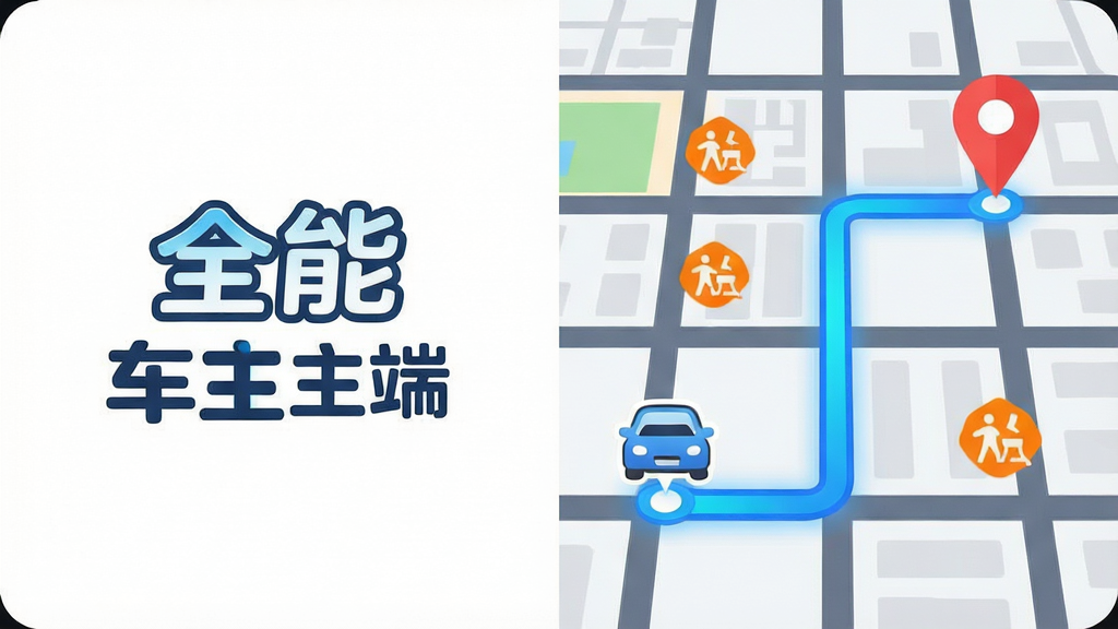 一个简洁的导航界面截图风格画面,左侧是“全能车主端”的Logo,右侧是城市道路网格地图,地图上有一条高亮的蓝色导航路线,路线起点标记为小汽车图标,终点标记为红色定位针。地图上还有几处橙色拥堵提示图标。排版为左右分割布局,风格为扁平化UI设计,色彩鲜明。细节上,路线有渐变光效,图标圆润。画质为矢量高清,画面干净,无多余元素。