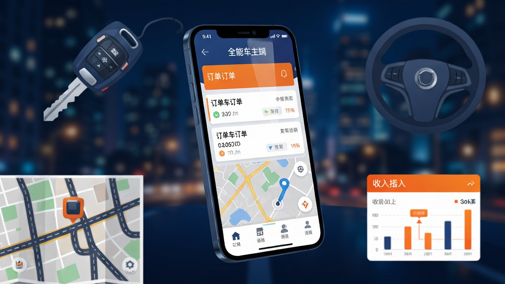 画面中央是一部智能手机,屏幕上打开着“全能车主端”应用主界面,界面显示订单列表和地图导航模块。手机周围环绕着汽车钥匙、方向盘、城市道路地图和收入统计图表等元素。排版采用居中对称构图,手机略微倾斜呈现立体感。风格为现代扁平化科技风,主色调为深蓝与亮橙搭配。细节上,手机屏幕有轻微反光,背景有模糊的城市夜景灯光。画质为高清4K,画面干净整洁,无多余杂乱元素。