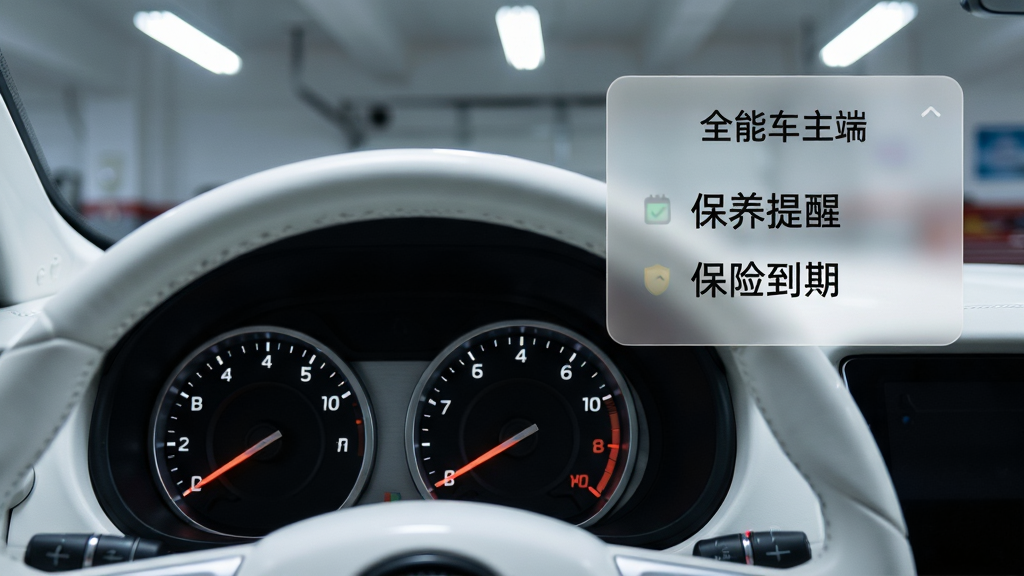 画面展示一辆白色家用轿车的仪表盘特写,仪表盘旁边悬浮着一个半透明的“全能车主端”提醒卡片,卡片上显示“保养提醒”和“保险到期”文字。背景是模糊的车库环境。排版为仪表盘占据画面主体,提醒卡片位于右上角。风格为写实科技风,光线为车库顶灯冷白光。细节上,仪表盘指针清晰,卡片有磨砂玻璃质感。画质为高清,画面干净,无多余元素。
