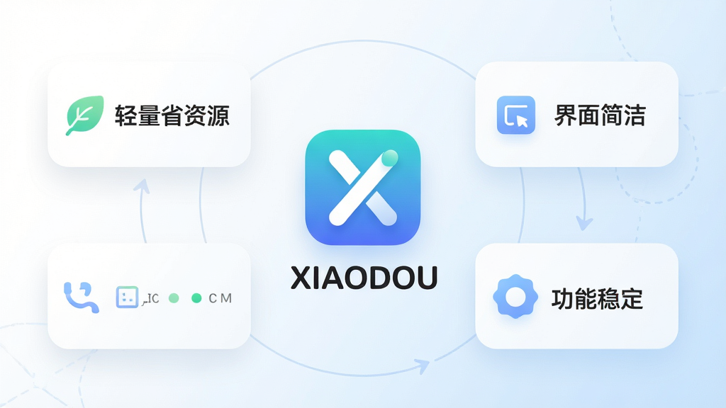 һ��չʾXIAODOU�����ص����Ϣͼ���ͼƬ�����������ǡ�XIAODOU������ͼ������ƣ���Χ������������ģ�鿨Ƭ���ֱ��ע������ʡ��Դ���������ࡱ�������ȶ�������Ƭ����ǳɫԲ����ƣ�����Ϊ�ɾ��İ�ɫ��ǳ��ɫ���䣬��������ִ����Ű����룬���ʸ��壬�ɾ��޶���Ԫ��