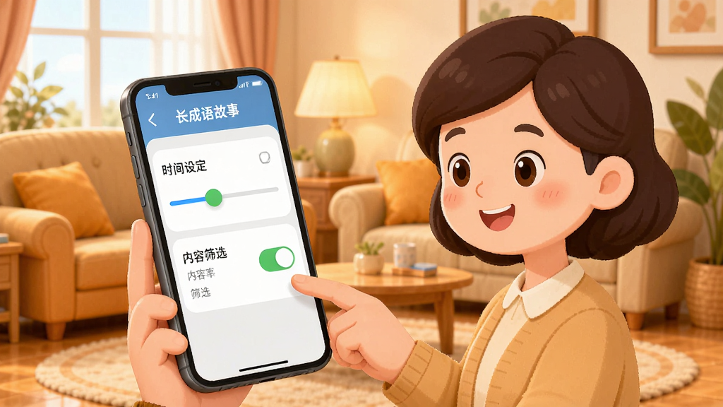 儿童动画成语故事家长管控界面,画面展示一个卡通家长形象正在操作手机设置界面,屏幕上有时间设定滑块和内容筛选开关,背景是温馨的家庭客厅场景,布局以人物和手机为中心,风格为温馨家庭插画风,细节丰富,画质高清,干净无多余元素