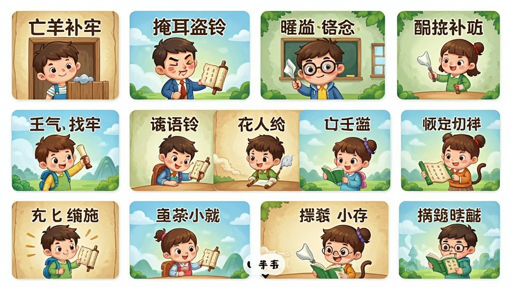 儿童动画成语故事海量动画库界面,画面以网格形式排列着众多成语故事封面缩略图,每个封面都有独特的卡通角色和成语标题,如“亡羊补牢”“掩耳盗铃”等,布局整齐有序,风格为清新明快的儿童插画风,细节精致,画质高清,干净无多余元素
