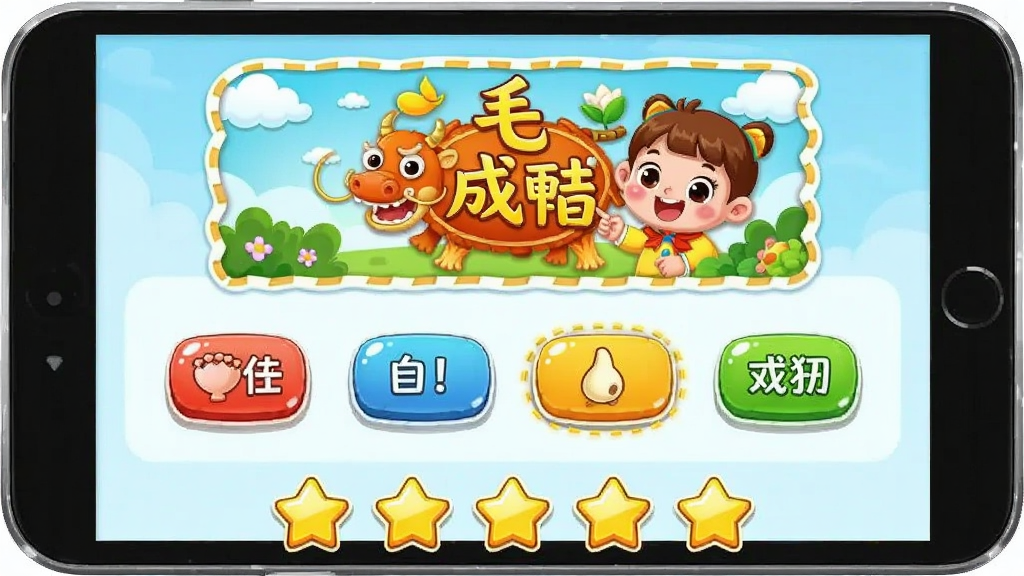 儿童动画成语故事互动问答界面,画面展示一道成语选择题,有四个选项按钮,上方是卡通成语插图,下方有星星奖励图标,整体布局清晰明了,风格为活泼可爱的儿童游戏界面风,色彩鲜艳,画质高清,干净无多余元素