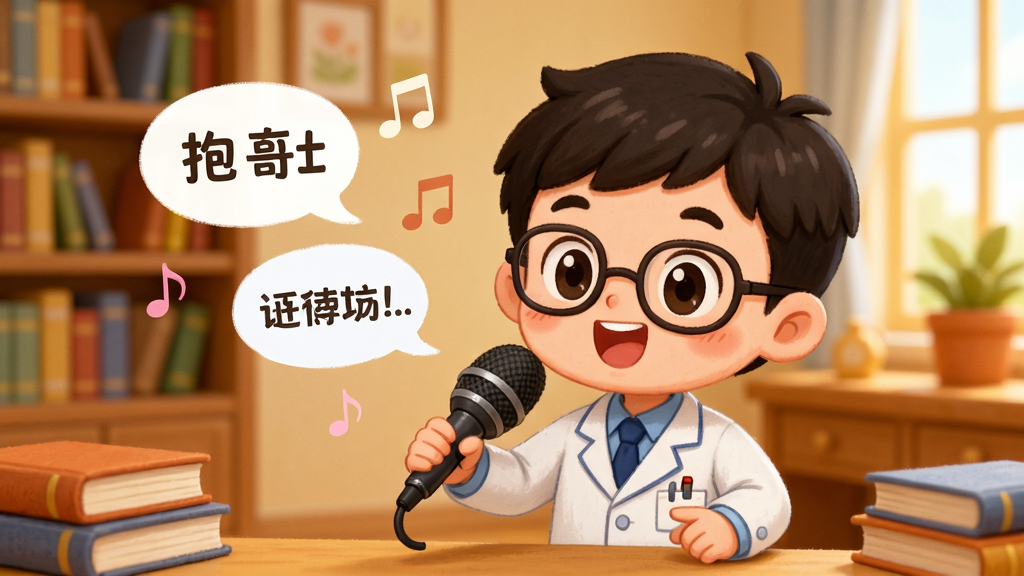 儿童动画成语故事语音讲解功能展示,画面中一个可爱的卡通小博士正在对着麦克风讲解成语,旁边有音符和文字气泡飘出,背景是温馨的书房场景,布局以人物为中心,风格为卡通教育插画风,细节丰富,画质高清,干净无多余元素