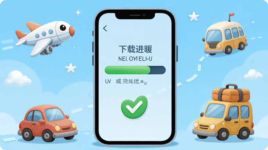 儿童动画成语故事离线缓存功能展示,画面中一个卡通手机屏幕显示下载进度条和已完成的勾选标记,周围有飞机、汽车等出行元素点缀,布局以手机为中心,风格为简洁明快的科技插画风,细节清晰,画质高清,干净无多余元素