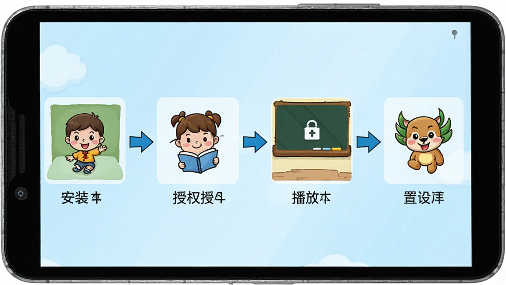 儿童动画成语故事使用操作示意图,画面展示一部安卓手机屏幕,屏幕上依次呈现安装、授权、播放、设置等操作步骤的卡通示意图,每个步骤用箭头连接,布局为流程图形式,风格为简洁直观的教程插画风,细节清晰,画质高清,干净无多余元素