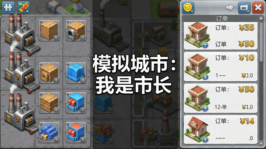 一张模拟城市:我是市长游戏生产界面图,画面左侧是工厂生产队列,右侧是商业建筑订单列表,画面中央有