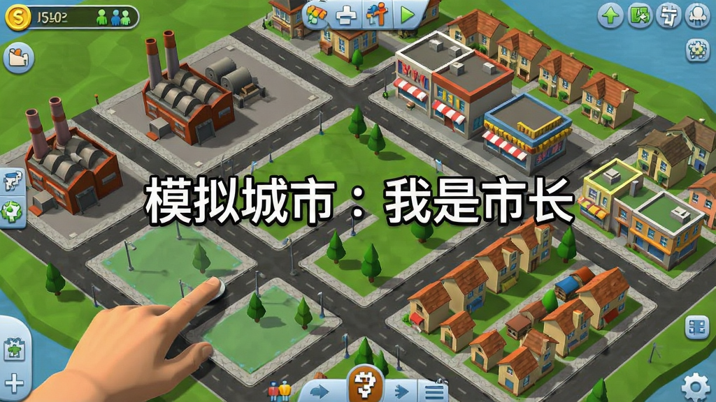 一张3D城市建造游戏画面截图,画面中展示玩家正在用手指拖动规划道路与住宅区,城市布局整齐,包含工厂区、商业区与居民区,画面中央有
