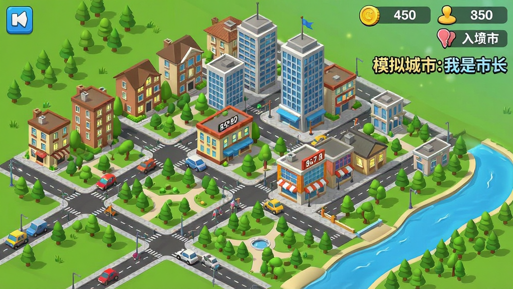一张3D等距视角的城市建造模拟游戏全景图,画面中央是正在发展中的现代都市,包含住宅楼、商业大厦、道路、公园与河流,右上角显示金币与人口数据,整体风格明亮干净,画面中带有