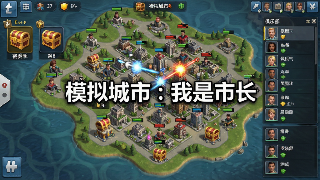 一张模拟城市:我是市长俱乐部战争界面图,画面中展示多名玩家城市在地图上对抗,包含赛季奖励图标与俱乐部成员列表,画面中央有