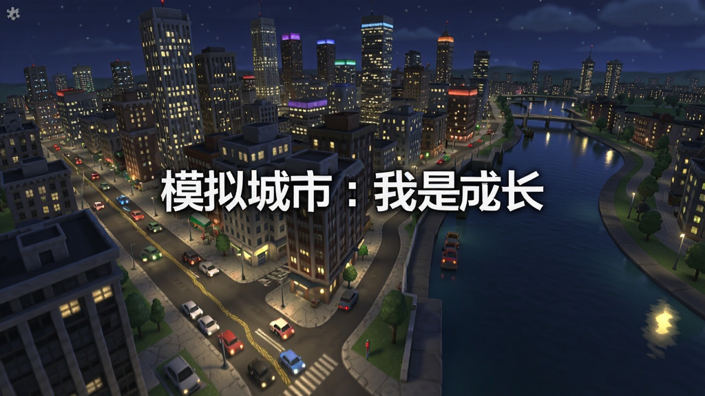一张模拟城市:我是市长夜景城市画面,画面中高楼灯光亮起,道路上有车辆行驶,河流倒映城市灯光,画面中央有