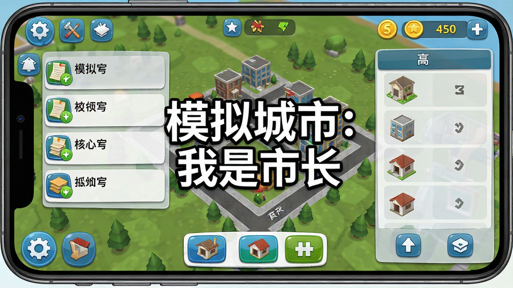 一张模拟城市:我是市长手机端操作界面图,画面中展示玩家在手机上查看城市任务列表与建造菜单,画面中央有